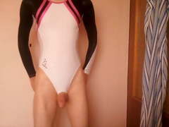Young boy shiny leotards collect and cum